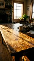Rustic wooden table bathed in warm sunlight streaming through large windows, featuring weathered grain and natural patina. Cozy interior with fireplace, potted plants, and vintage decor for home design projects.