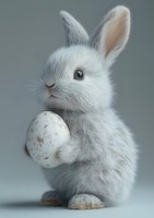 Adorable white baby bunny holding Easter egg against gray background, showcasing fluffy fur and bright blue eyes. Suitable for holiday greeting cards and seasonal designs.