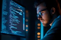 Focused male programmer with beard and glasses working late at night on code, illuminated by blue screen light in dark server room environment.