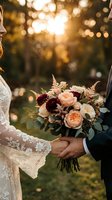 Bride and groom holding autumn wedding bouquet with peach roses and burgundy flowers during golden hour ceremony outdoors in natural sunlight.