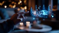Hand touching holographic house projection with winter landscape and glowing lights, representing smart home technology, real estate virtual tours, property management solutions.