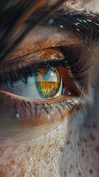 Extreme macro shot of a brown eye with long eyelashes and intricate iris details showing golden and turquoise colors in dramatic lighting. Artistic beauty photography.
