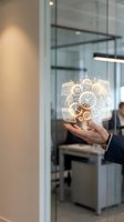Businessman holding glowing digital hologram with gears, clock, and technology icons representing innovation, automation, and business strategy in modern office environment.