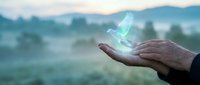 Hand holding glowing digital hologram with futuristic light effects against blurred natural landscape background for technology and innovation concepts.
