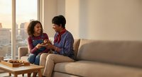 Young mixed-race couple relaxing on modern sofa at home, sharing intimate moment together in bright living room with city view during golden hour sunset.