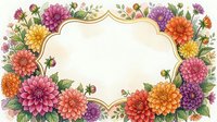 Colorful dahlia flower frame with ornate border and blank center space for text or design elements on cream background.