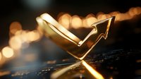 Golden arrow pointing upward on financial chart background with bokeh lights, symbolizing growth, success and positive market trends in business analytics.