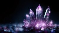 Magical glowing purple crystal cluster with sparkles emerging from dark background, mystical mineral formation with ethereal light effects and bokeh.