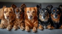 Five mixed breed dogs with similar features lying in row on gray couch, showing range of coat colors from light brown to black, all with alert expressions and forward-facing poses.