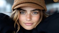 Young Caucasian woman with freckles wearing brown newsboy cap smiling at camera. Natural makeup, blue eyes and blonde hair frame gentle expression in closeup portrait.