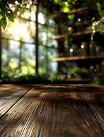 Rustic wooden table surface with blurred natural garden background, sunlight streaming through leaves, creating magical bokeh effect. Perfect for product display.