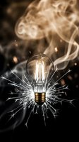 Vintage light bulb with sparkling fireworks and smoke creating magical atmosphere on dark background for creative innovation concepts.