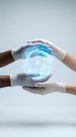 Diverse hands in medical gloves protecting glowing digital Earth globe with network connections representing global healthcare collaboration and protection.