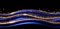 Luminous golden and blue waves with sparkling particles flow against dark background creating magical abstract pattern for luxury design projects.