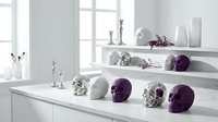 Modern decorative skulls in white and purple colors arranged on minimalist shelves creating stylish Halloween or gothic home decor display.
