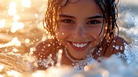 Young Hispanic woman with radiant smile splashing in water during golden hour sunset, with bokeh light effects and water droplets creating magical summer atmosphere.