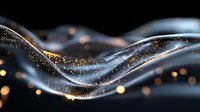Abstract flowing waves with golden particles and bokeh lights creating elegant motion on dark background for luxury design projects.