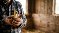 Farmer in plaid shirt holding yellow duckling in hands on rural farm, agricultural livestock care and poultry farming concept for agricultural industry.