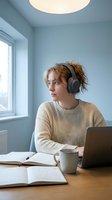 Young woman with reddish-brown hair wearing headphones and beige sweater, working at wooden desk with laptop, notebook, and coffee mug in bright modern office.