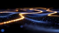 Glowing golden light trails flowing through digital particle landscape with bokeh effects creating futuristic data visualization background.