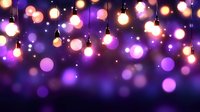 Magical glowing lights and bokeh effect on dark purple background with hanging luminous bulbs creating dreamy festive atmosphere.