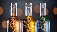 Elegant glass bottles with tree silhouettes illuminated from within, creating a magical glow against dark background with bokeh lights.