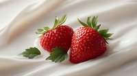 Two fresh ripe strawberries with green leaves on soft flowing white fabric background for culinary and food photography projects.