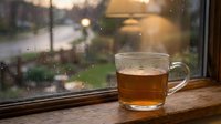 Steaming hot tea cup on wooden windowsill during rainy day with water droplets on glass creating cozy atmospheric mood for relaxation and comfort.