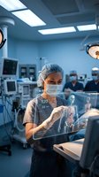 Female surgeon using holographic medical display in modern operating room with advanced technology for surgical planning and patient care.