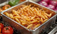 Penne pasta in metal tray with marinara sauce, fresh tomatoes and vegetables in restaurant buffet setting, close up view of traditional Italian cuisine.
