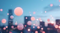 Dreamy urban cityscape with soft pink bokeh lights floating in twilight sky, creating magical atmosphere against blurred skyscrapers silhouettes at dusk.