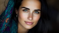 Young woman with striking blue eyes and dark hair wearing colorful traditional headscarf, close-up portrait with natural makeup and serene expression.