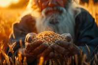 Farmer's hands holding freshly harvested wheat grains at golden sunset, capturing agricultural success and organic farming concept in warm atmospheric lighting.