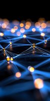 Network connections with glowing nodes and blue light trails against dark background, abstract technology concept with orange bokeh lights creating depth.