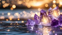 Purple amethyst crystal cluster on reflective surface with golden bokeh lights creating magical atmosphere and ethereal glow in mystical setting.