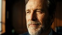 Mature man with gray beard and wrinkles, wearing formal attire, looking thoughtfully to the side in warm indoor lighting. Suitable for business, leadership, and professional portraits.