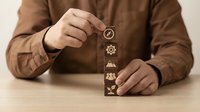 Business professional stacking wooden blocks with innovation icons representing growth strategy and development planning for corporate success.