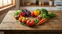 Fresh organic vegetables arranged in heart shape on rustic wooden table in bright kitchen. Healthy eating, farm to table concept for cooking and nutrition.