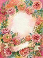 Watercolor floral frame with pink and coral roses, peonies, and green foliage surrounding white center space with decorative ribbon banner, ideal for greeting cards and invitations.