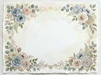 Vintage floral border frame with blue and blush roses, eucalyptus leaves, and ornamental gold accents on cream background. Isolated design for invitations, cards, and stationery projects.