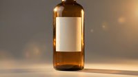 Amber glass bottle with blank white label on wooden surface with warm golden lighting and bokeh background for product mockup and branding design.