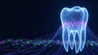 Digital tooth hologram with glowing blue wireframe structure on dark background for dental technology and healthcare innovation concepts.