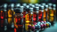 Medical vials and colorful pills arranged in rows on dark surface with dramatic lighting, amber liquid medicine bottles with selective focus and bokeh effect.