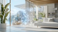 Futuristic holographic display with glowing digital interface floating in modern luxury living room interior with ocean view and minimalist decor.