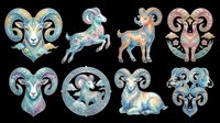 Aries zodiac ram clipart set with ornate floral patterns, isolated on transparent background. Great for stickers, t-shirt design, print on demand, and sublimation.
