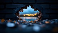 Hole in brick wall revealing blurred city lights and water reflection at dusk, viewed through broken concrete, creating dramatic urban perspective.
