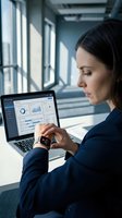 Professional businesswoman analyzing data dashboard on laptop while checking smartwatch in modern office corridor for productivity and time management.