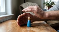 Senior man hands protecting small wooden figure on table symbolizing care, insurance coverage, safety and security concepts for family protection.