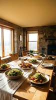 Rustic dining room with stone walls and wooden table set for family feast with fresh salads and roasted vegetables in warm natural light.