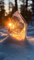 Glowing crystal quartz point illuminated by warm sunset light on snowy ground with bokeh background, creating magical winter atmosphere and natural lens flare effect.